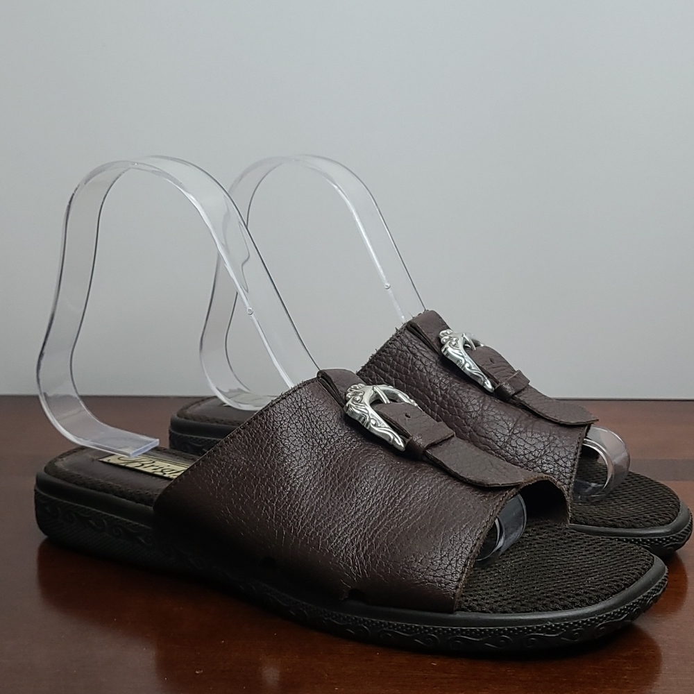 Brighton Brown Vicky Leather Silver Buckle Slip-on Sandals sz 7 Women's